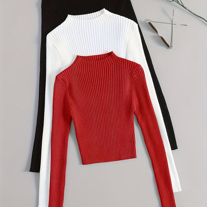 Solid Mock Neck Rib Knit Top 3-Pack - Casual Long Sleeve Slim Sweater