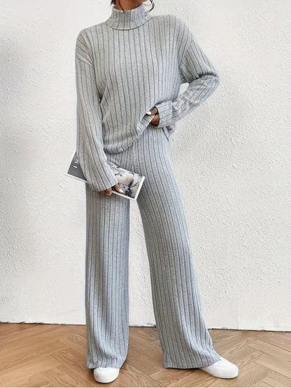 Solid Ribbed Two-piece Set, Mock Neck T-shirt & Wide Leg Pants