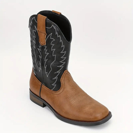 Herren-Roper-Stiefel mit quadratischer Zehenpartie, Western-Cowboystiefel, bestickte Roper-Stiefel bis zur Mitte der Wade
