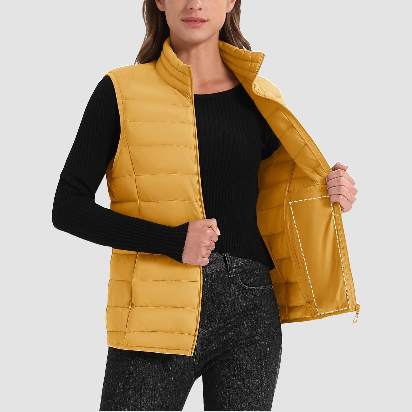 Pufferweste für Damen, leicht, Stehkragen, Reißverschluss, 4 Taschen, bauschige Westen, ärmellos, gesteppt, gepolsterte Oberbekleidung