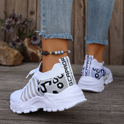 Women's Leopard Print Lace-up Running Shoes, Breathable Platform (Plus Size)