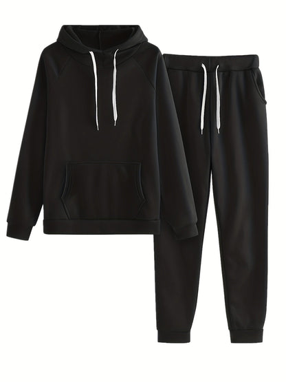 Solid Two-piece Set, Hoodie & Drawstring Pants
