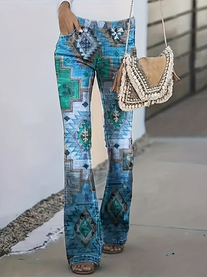 Calças modeladoras geométricas xadrez] Calças modeladoras digitais geométricas xadrez patchwork estampadas - Estilo europeu e americano - Micro calças boca de sino para mulheres