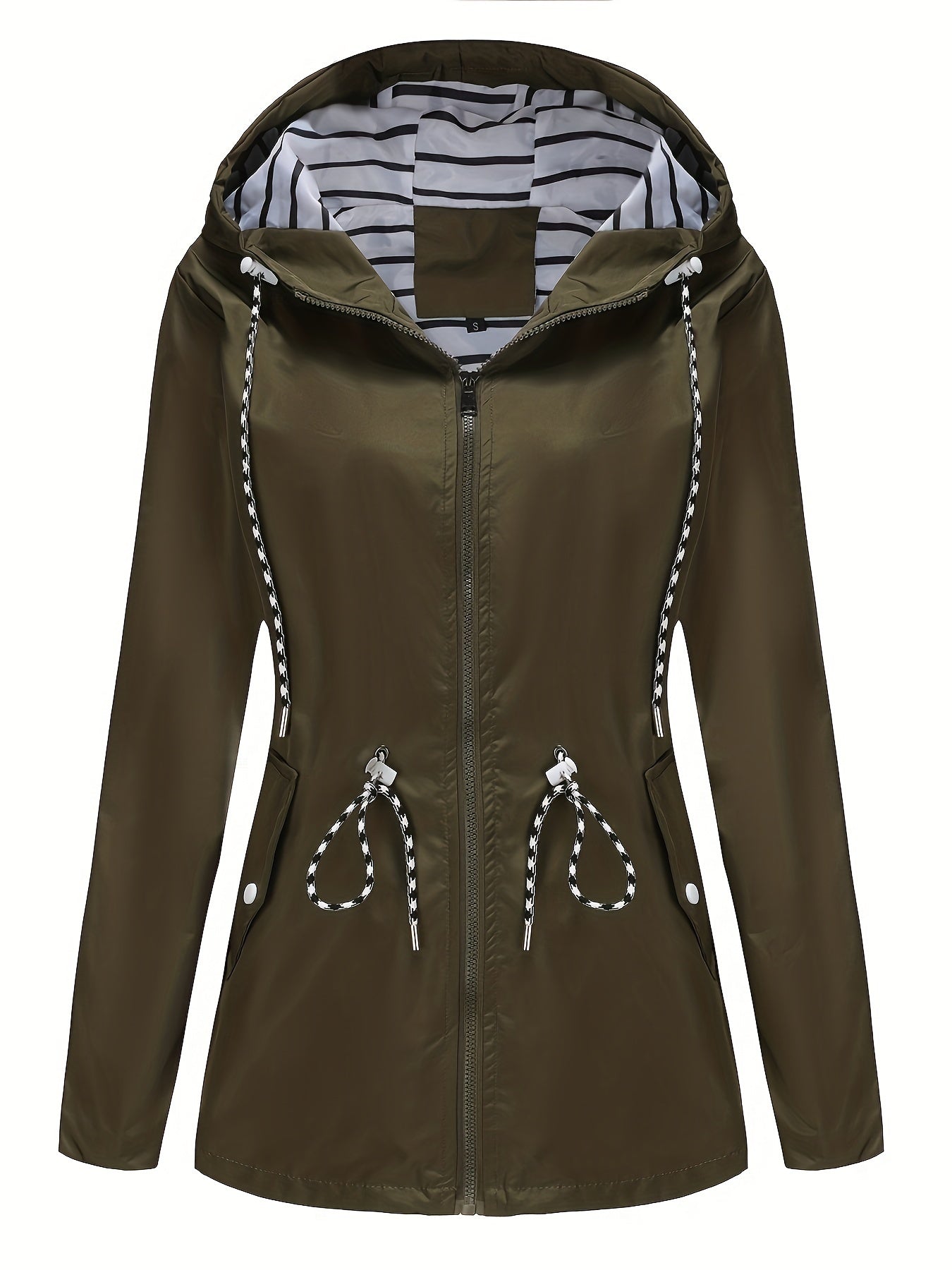[Cozy Comfort] Women's Waterproof Long Sleeve Hooded Raincoat - Mid-Length Casual Sporty Style with Adjustable Drawstrings, Pockets, and Belt Detail - Olive Green Polyester Jacket for Outdoor Activities