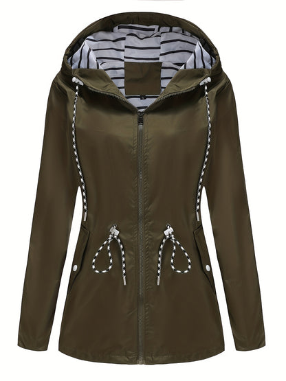 [Cozy Comfort] Women's Waterproof Long Sleeve Hooded Raincoat - Mid-Length Casual Sporty Style with Adjustable Drawstrings, Pockets, and Belt Detail - Olive Green Polyester Jacket for Outdoor Activities