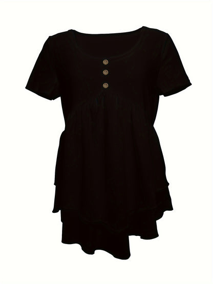 Camiseta de gola redonda de cor sólida, blusa flare com botões na frente e em camadas para primavera/verão.