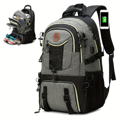 Uma mochila de viagem de grande capacidade para homens, mochila de acampamento para caminhadas de 40 litros com compartimento para sapatos, mochila casual multifuncional, pode acomodar uma mochila para laptop de 17,3 polegadas.