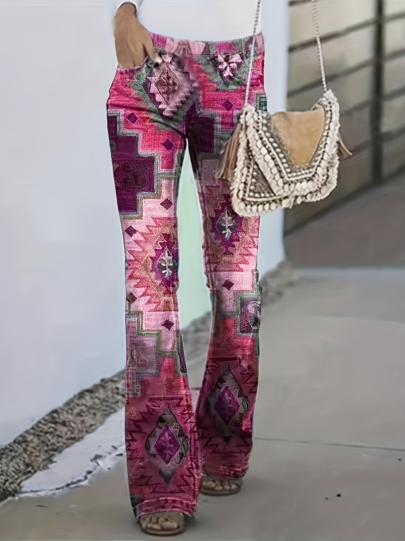 Calças modeladoras geométricas xadrez] Calças modeladoras digitais geométricas xadrez patchwork estampadas - Estilo europeu e americano - Micro calças boca de sino para mulheres