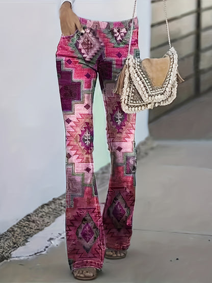 Calças modeladoras geométricas xadrez] Calças modeladoras digitais geométricas xadrez patchwork estampadas - Estilo europeu e americano - Micro calças boca de sino para mulheres