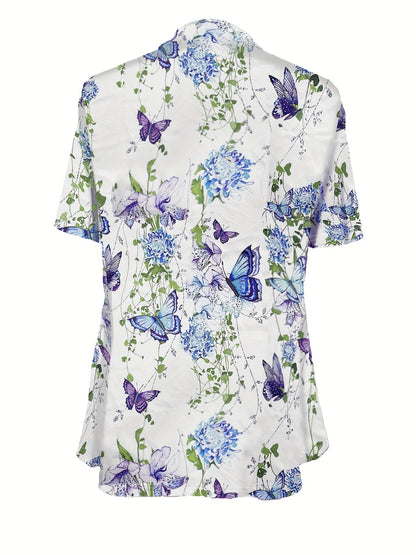 [Chic Butterfly Print Top] Vibrant Spring/Summer Chic Butterfly Print Top - Casual Crew Neck, Short Sleeve, Stretchy Polyester Blend, Machine Washable Faux Layered Pullover with Floral Accents