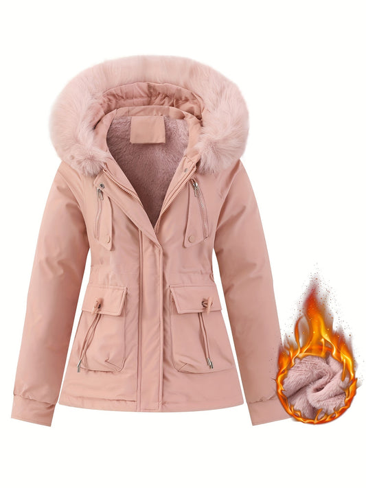 Zip-up Fuzzy Trim Hoodie Parka, Casual Drawstring Waist Winter Coat