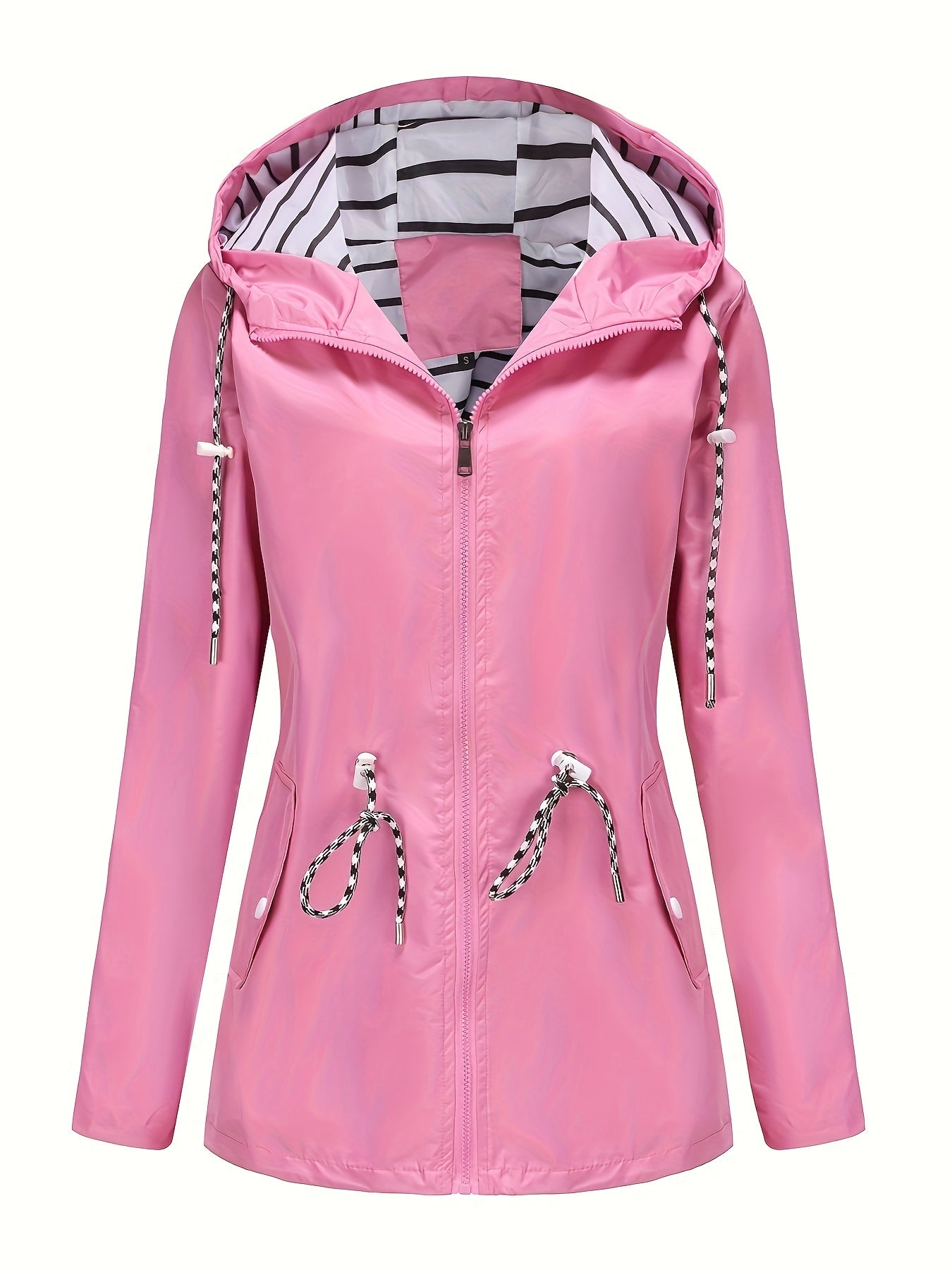 [Cozy Comfort] Women's Waterproof Long Sleeve Hooded Raincoat - Mid-Length Casual Sporty Style with Adjustable Drawstrings, Pockets, and Belt Detail - Olive Green Polyester Jacket for Outdoor Activities
