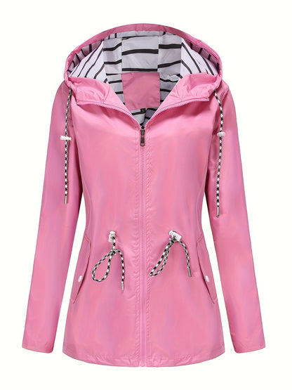 [Cozy Comfort] Women's Waterproof Long Sleeve Hooded Raincoat - Mid-Length Casual Sporty Style with Adjustable Drawstrings, Pockets, and Belt Detail - Olive Green Polyester Jacket for Outdoor Activities
