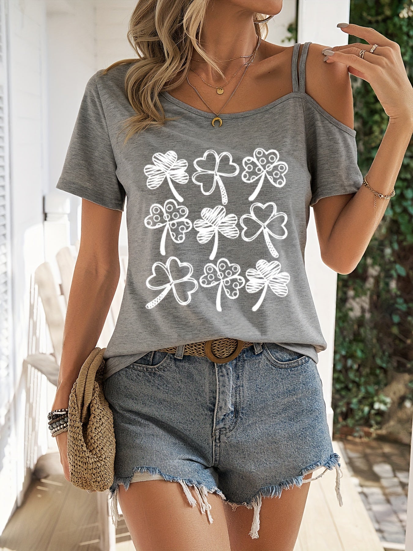 Stylish Heart Print One Shoulder Short Sleeve T-shirt - Elegant Asymmetrical Polyester Top with Micro Elasticity - Perfect for Summer, Womens Regular Length Knit Fabric Clothing