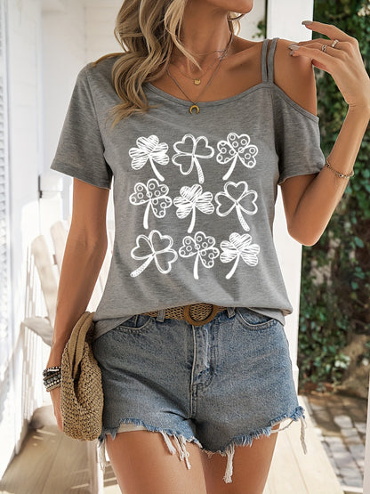 Stylish Heart Print One Shoulder Short Sleeve T-shirt - Elegant Asymmetrical Polyester Top with Micro Elasticity - Perfect for Summer, Womens Regular Length Knit Fabric Clothing