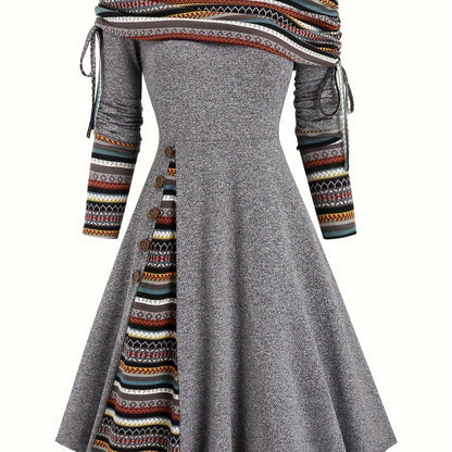 Ethnic Striped Off-Shoulder Dress with Drawstring.
