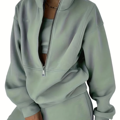 Solid Two-piece Set, Zip Front Sweatshirt & Elastic Waist Pants