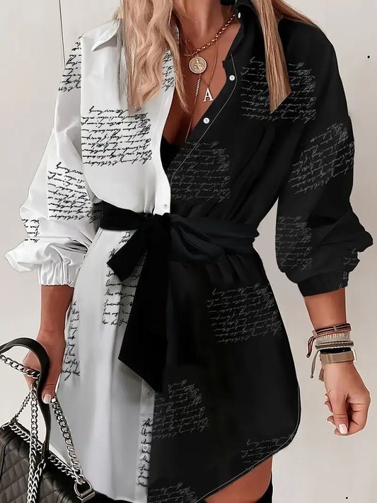 Color Block Shirt Dress – Casual Long Sleeve Belted Outfit