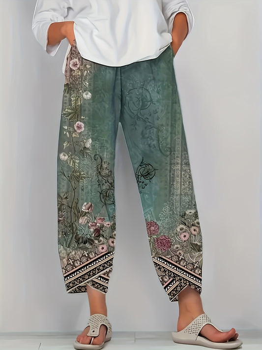 High Waist Floral Print Baggy Crop Pants, Casual Elastic Asymmetric Hem Slant Pockets Pants For Spring & Summer, Women's Clothing