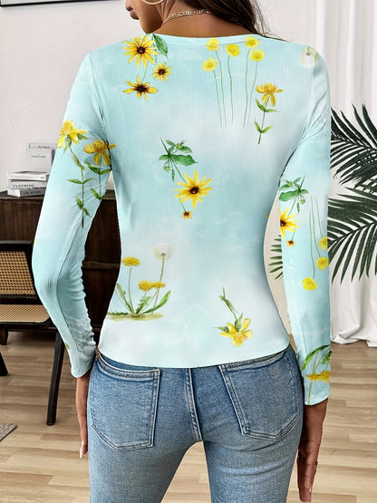 Camiseta casual de poliéster com estampa floral e gola redonda, 200g/㎡, comprimento regular, tecido de malha, para mulheres, primavera/verão