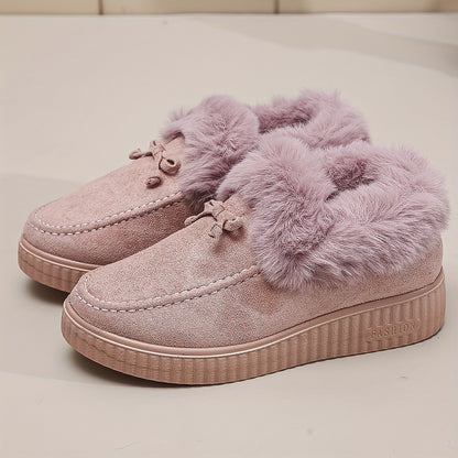 Women's Solid Color Boots, Bowknot Decor Round Toe Non-slip Soft Thick Sole Fluffy Velvet Warm Boots, Winter Comfy Shoes