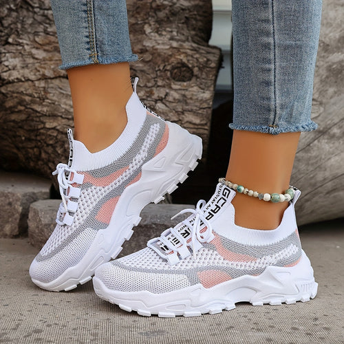 Women's Colorblock Knit Sneakers, Breathable Low Top Running Shoes (Plus Size)