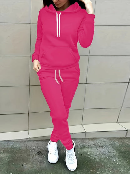 Solid Two-piece Set, Hoodie with Kangaroo Pocket & Drawstring Pants