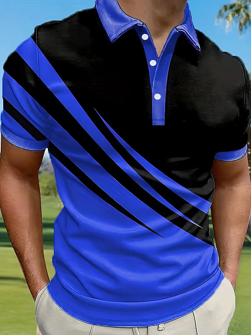 Casual Men's Color Block Short Sleeve Lapel Shirt – Summer Outdoor, Golf & Tennis
