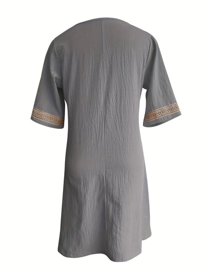 Guipure Lace V-Neck Dress, Casual Short Sleeve for Spring & Summer.