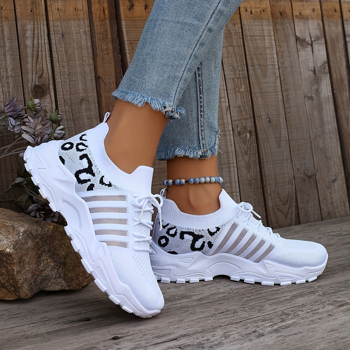 Women's Leopard Print Lace-up Running Shoes, Breathable Platform (Plus Size)