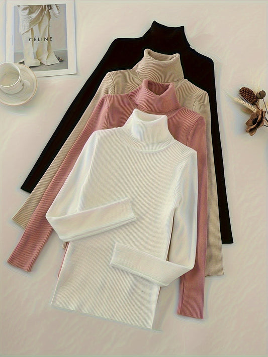 Solid Turtleneck Rib Knit Top 4-Pack - Casual Long Sleeve Slim Sweater