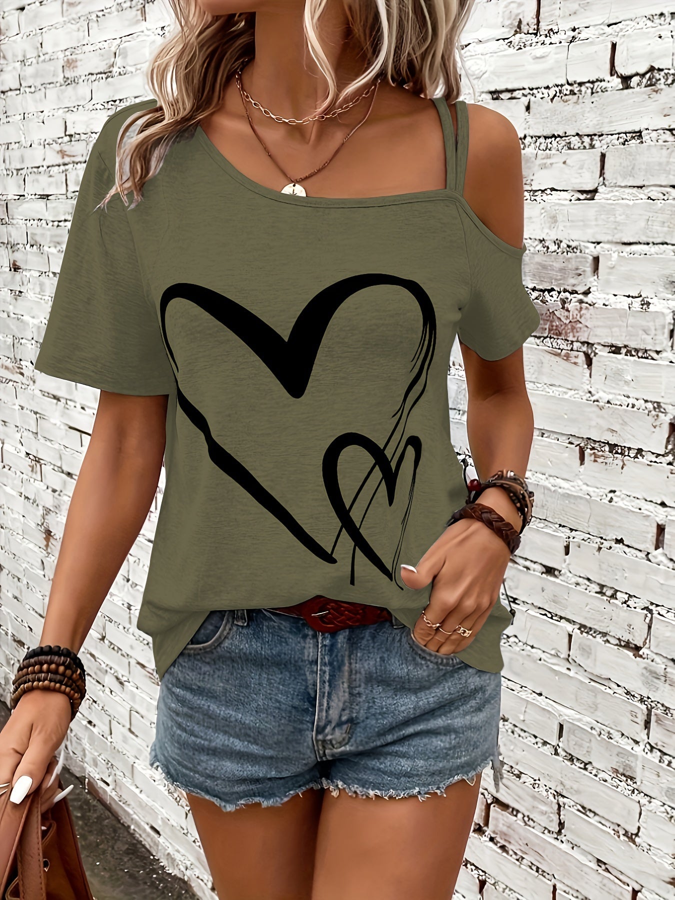 Stylish Heart Print One Shoulder Short Sleeve T-shirt - Elegant Asymmetrical Polyester Top with Micro Elasticity - Perfect for Summer, Womens Regular Length Knit Fabric Clothing