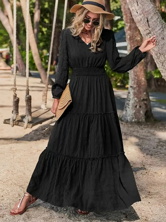 Solid V-Neck Textured Maxi Dress – Vacation Style, Smocked Long Sleeves