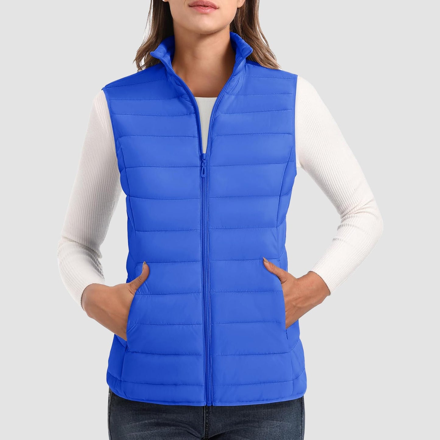 Pufferweste für Damen, leicht, Stehkragen, Reißverschluss, 4 Taschen, bauschige Westen, ärmellos, gesteppt, gepolsterte Oberbekleidung