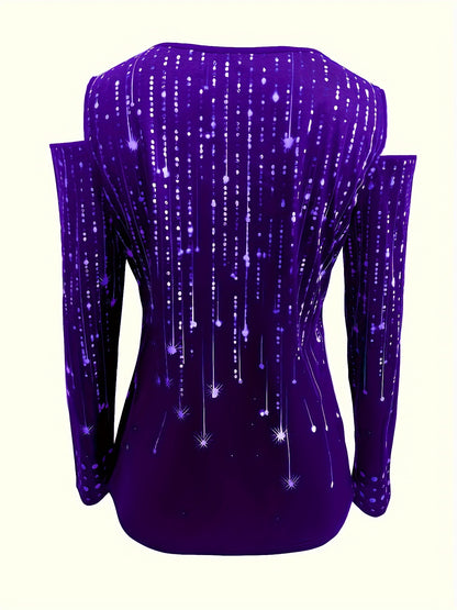 Camiseta com decote em V e acabamento em renda, blusa elegante com ombros descobertos para primavera e outono.