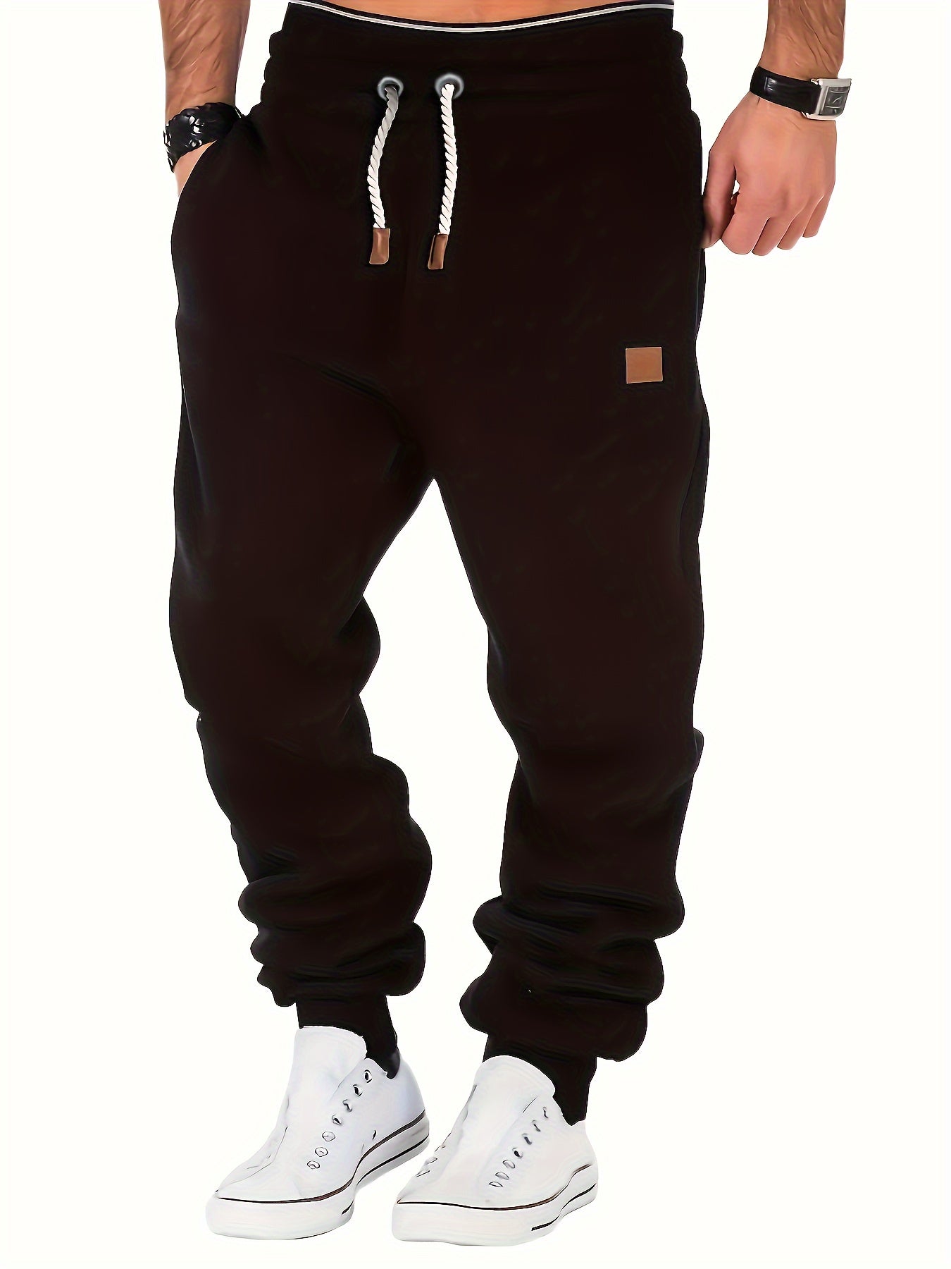 Calças de moletom masculinas com cordão, calças de moletom casuais com bolsos