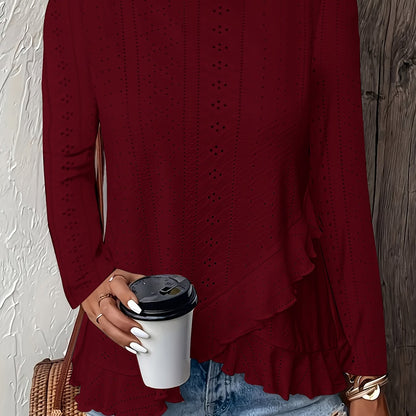 Camiseta feminina de manga comprida com babados e gola redonda, elegante e estilosa, primavera e outono, confortável e respirável, tecido jacquard de cor sólida