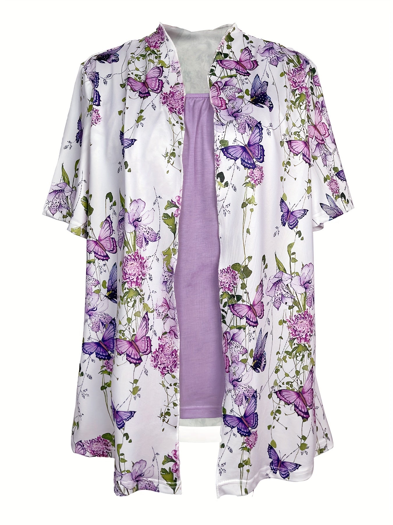 [Chic Butterfly Print Top] Vibrant Spring/Summer Chic Butterfly Print Top - Casual Crew Neck, Short Sleeve, Stretchy Polyester Blend, Machine Washable Faux Layered Pullover with Floral Accents