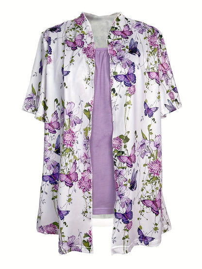 [Chic Butterfly Print Top] Vibrant Spring/Summer Chic Butterfly Print Top - Casual Crew Neck, Short Sleeve, Stretchy Polyester Blend, Machine Washable Faux Layered Pullover with Floral Accents