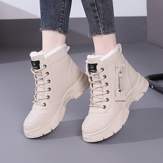 Botas de neve quentes de inverno femininas com zíper lateral - Sola grossa confortável, tênis de cano alto em cor sólida, botas de neve, sapatos para atividades ao ar livre