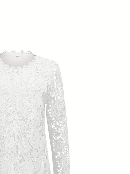 T-Shirt mit Guipure-Spitze und Muschelbesatz, elegantes Langarmshirt für Frühling/Herbst.