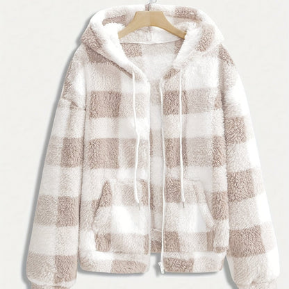 Plaid Hooded Zipper Coat, Casual Fall/Winter Outerwear