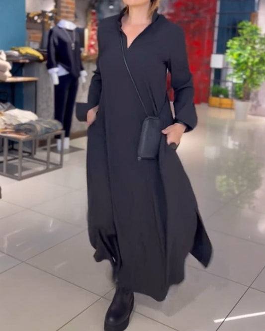 Zoe™ - Vestido longo solto com lapela de fenda lateral