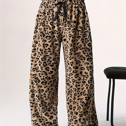Leopard Print Drawstring Pants - Fuzzy Teddy, Straight Leg