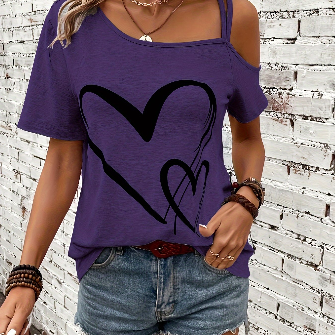 Stylish Heart Print One Shoulder Short Sleeve T-shirt - Elegant Asymmetrical Polyester Top with Micro Elasticity - Perfect for Summer, Womens Regular Length Knit Fabric Clothing