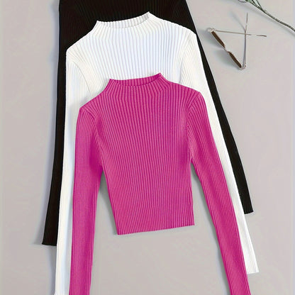 Solid Mock Neck Rib Knit Top 3-Pack - Casual Long Sleeve Slim Sweater