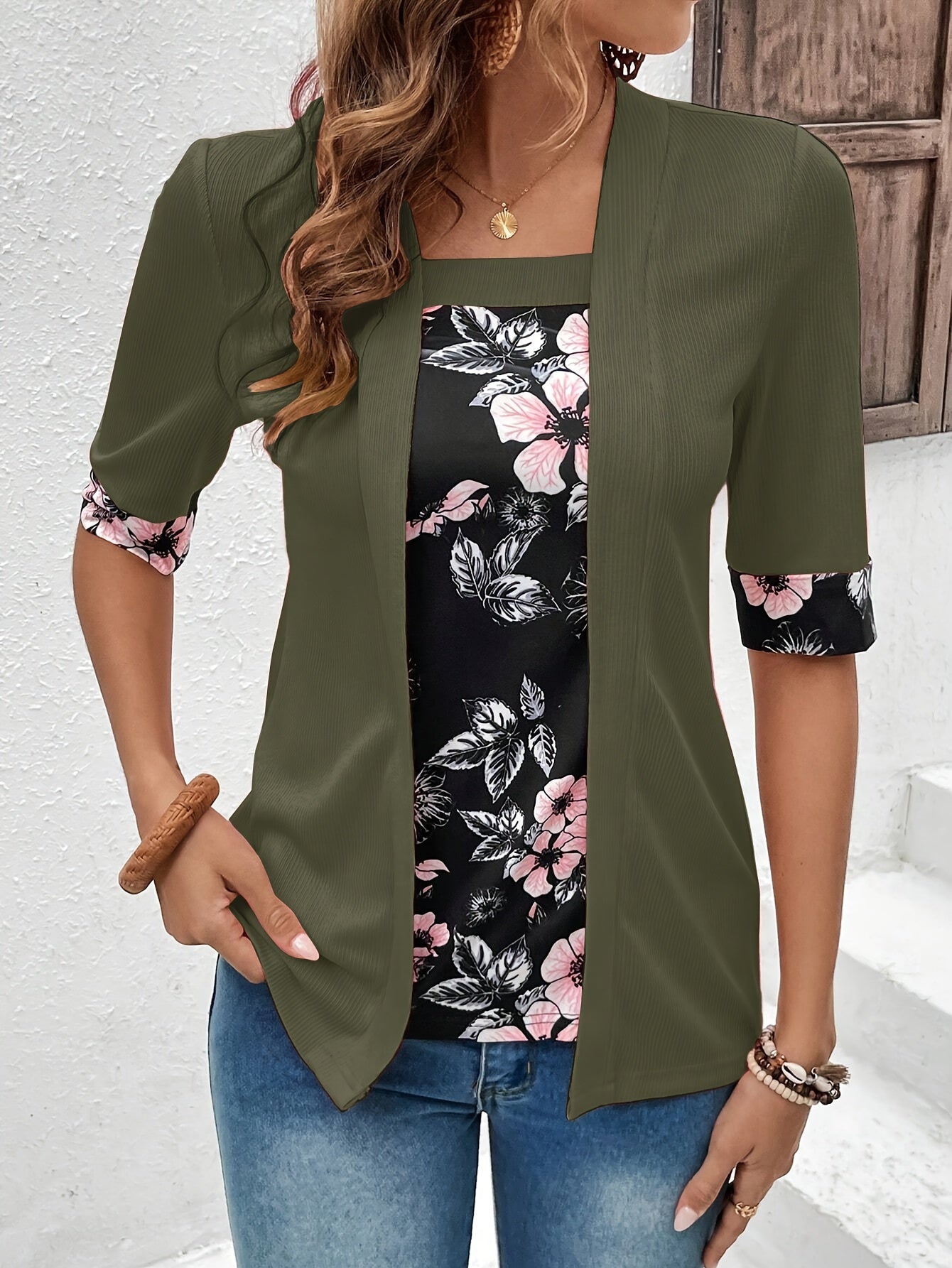 Floral Print Splice 2 In 1 T-shirt, Elegant Short Sleeve Square Neck Top, Women's Clothing