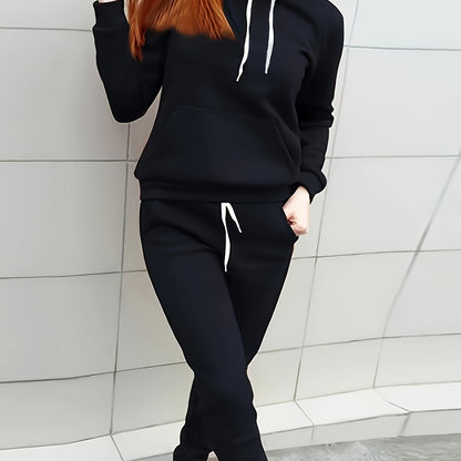 Solid Two-piece Set, Hoodie with Kangaroo Pocket & Drawstring Pants