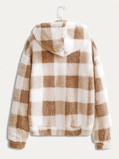 Plaid Hooded Zipper Coat, Casual Fall/Winter Outerwear