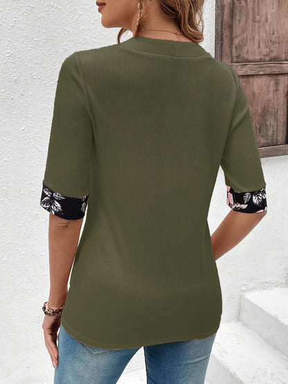 Floral Print Splice 2 In 1 T-shirt, Elegant Short Sleeve Square Neck Top, Women's Clothing